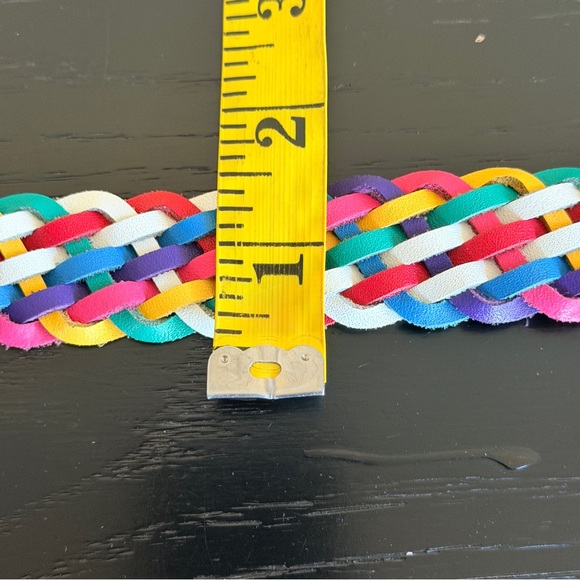 Vintage 80s Rainbow Colorful Cord Braided Belt White Leather Buckle Accent 1X - Picture 4 of 5